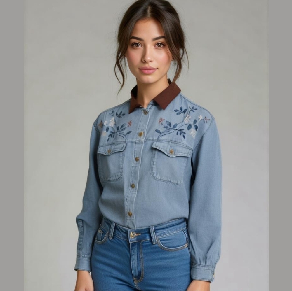 CAPACITY Vintage Embroidered Floral Denim Blue Jean Cotton Button-down Shirt Top